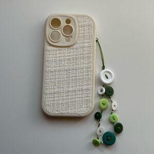 Handmade white and green button phone chain